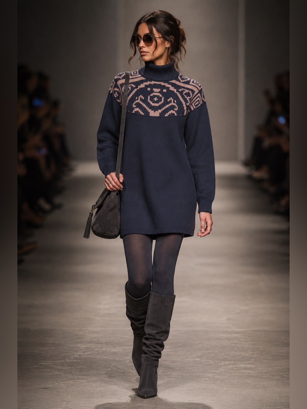 CLAUDE MONTANA Gray and Peach Patterned Turtleneck Knit Sweater Dress